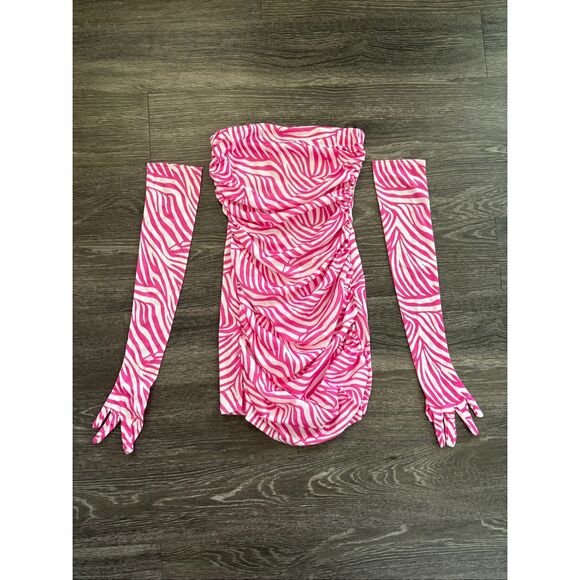 NWOT Miscreants Pink & White Zebra Cupid Mini Dress With Gloves Size US 2 / UK 6 - Picture 2 of 4